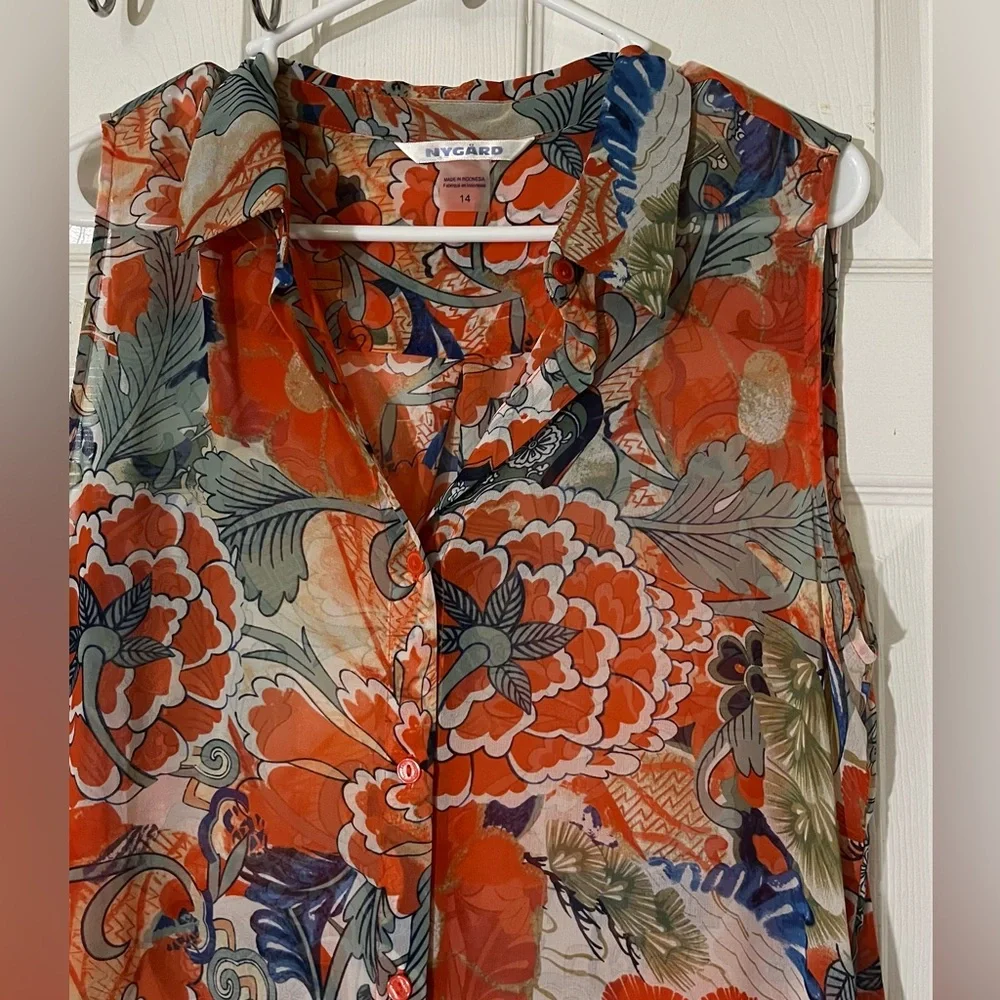 Peter Nygard Orange and Blue‎ Floral Tunic Dress Sz 14 semi-sheer, sleeveless